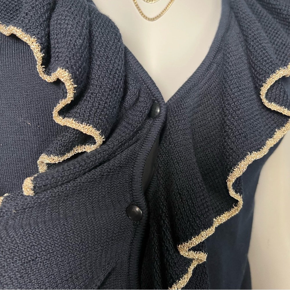 Chaps Navy Button Up Ruffle Front Top - image 5